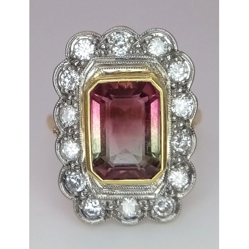 20 - 18K Yellow Gold, Diamond (0.45ct) Bordered Ring with a 3ct Emerald Cut Bi-Colour Tourmaline.
Weight:... 