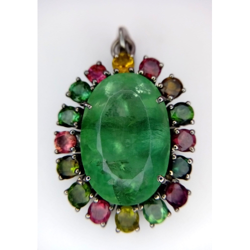 269 - A Fluorite and Tourmaline Halo 925 Silver Pendant. Flourite - 22ctw. 14g total weight. 4cm. Comes wi... 