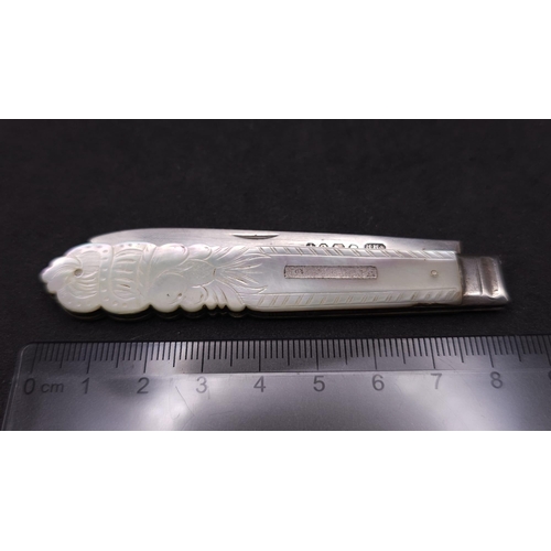 374 - An Antique Sterling Silver Fruit Knife. Decorative mother of pearl handle. Hallmarks for Sheffield 1... 