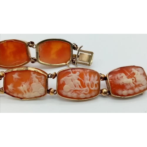 380 - A VERY OLD ANTIQUE CAMEO BRACELET SET IN 14K GOLD WITH INTERESTING CHARIOT SCENES .  16.1gms     a/f