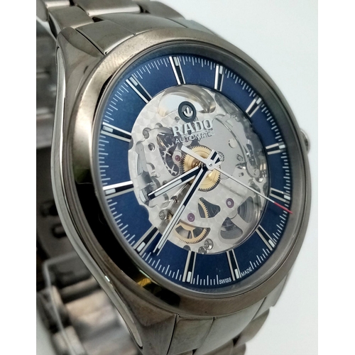 507 - A Stylish Rado Automatic Skeleton Gents Watch. Stainless steel strap and case - 42mm. Outer blue and... 