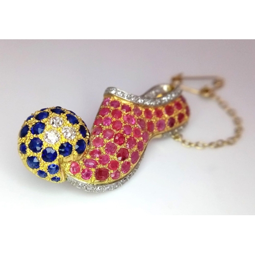 543 - AN 18K WHITE AND YELLOW GOLD SLIPPER BROOCH WITH DIAMONDS, SAPPHIRES AND PINK RUBY.    8.6gms