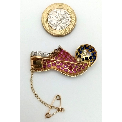 543 - AN 18K WHITE AND YELLOW GOLD SLIPPER BROOCH WITH DIAMONDS, SAPPHIRES AND PINK RUBY.    8.6gms