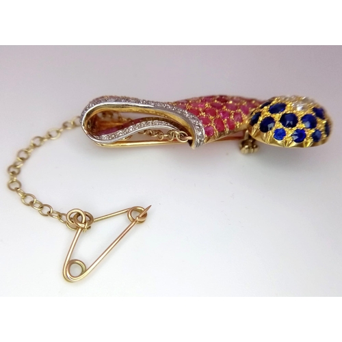 543 - AN 18K WHITE AND YELLOW GOLD SLIPPER BROOCH WITH DIAMONDS, SAPPHIRES AND PINK RUBY.    8.6gms