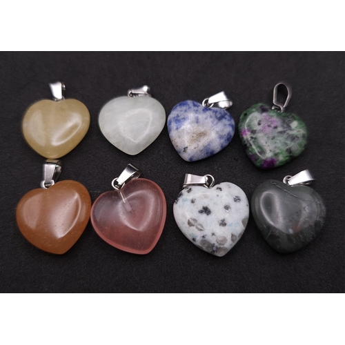 685 - Eight Different Heart-Shaped Gemstone Pendants. 3cm. Includes: rose quartz, lapis and carnelian.