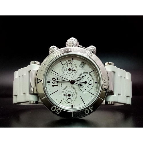 93 - A Pasha de Cartier Automatic Ladies Chronograph Watch. White rubber strap. Stainless steel case - 37... 