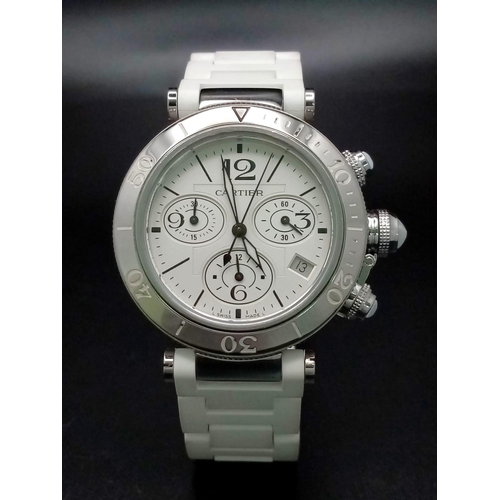 93 - A Pasha de Cartier Automatic Ladies Chronograph Watch. White rubber strap. Stainless steel case - 37... 