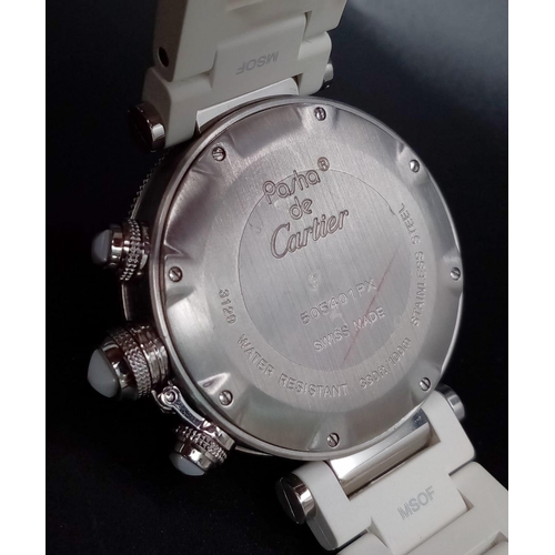 93 - A Pasha de Cartier Automatic Ladies Chronograph Watch. White rubber strap. Stainless steel case - 37... 