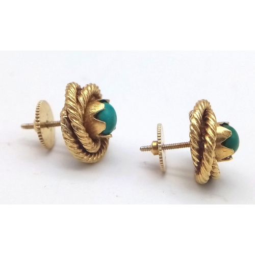 610 - A PAIR OF 14K GOLD AND TURQUOISE EARRINGS WITH SCREW BACKS . 9.7gms