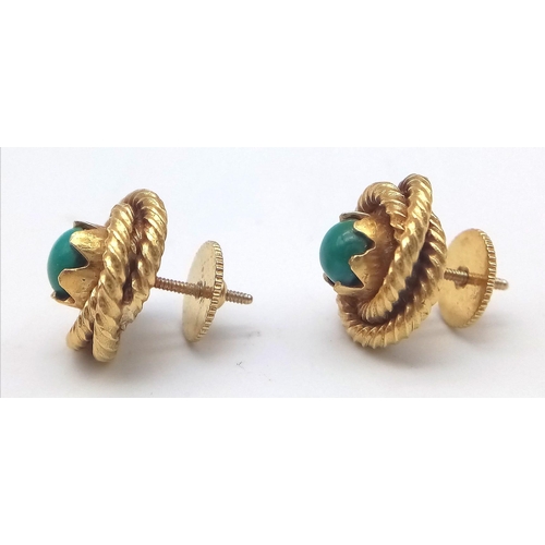 610 - A PAIR OF 14K GOLD AND TURQUOISE EARRINGS WITH SCREW BACKS . 9.7gms