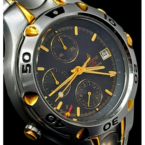 654 - A Wonderful Accurist Sport Chronograph/Alarm Gents Watch. Stainless steel strap and case - 38mm. Bla... 