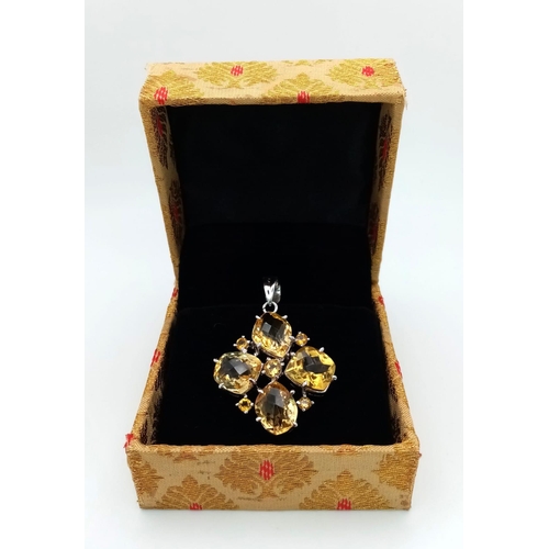 678 - A Clover-Leaf Citrine Four Stone 925 Silver Pendant. Citrines - 30ctw. 16.30g total weight. 5cm. 16.... 