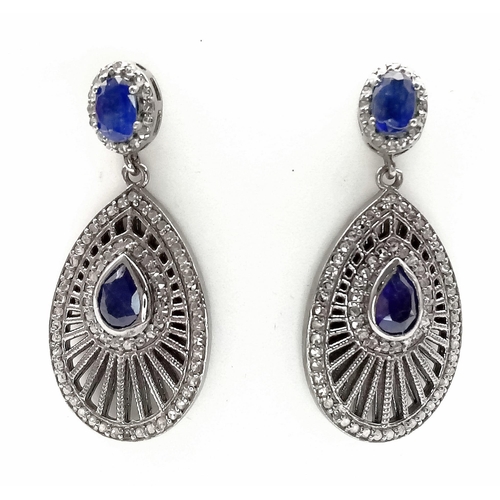 848 - A Pair of Kyanite and Diamond 925 Silver Drop Earrings. Kyanite - 3ctw. Diamonds - 0.87ctw. 3.5cm dr... 