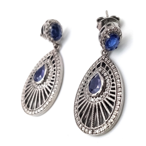 848 - A Pair of Kyanite and Diamond 925 Silver Drop Earrings. Kyanite - 3ctw. Diamonds - 0.87ctw. 3.5cm dr... 