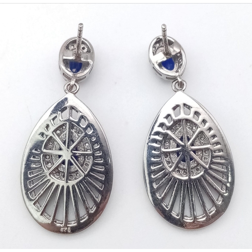 848 - A Pair of Kyanite and Diamond 925 Silver Drop Earrings. Kyanite - 3ctw. Diamonds - 0.87ctw. 3.5cm dr... 