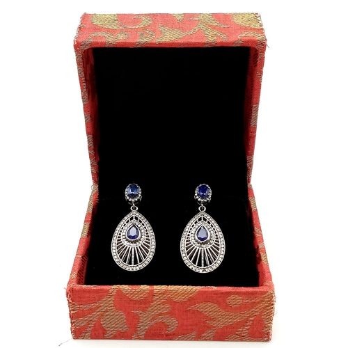 848 - A Pair of Kyanite and Diamond 925 Silver Drop Earrings. Kyanite - 3ctw. Diamonds - 0.87ctw. 3.5cm dr... 