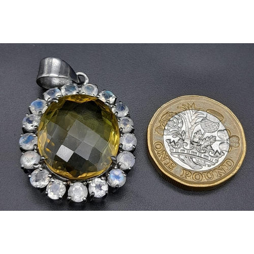 891 - An Oval-Cut Lemon Quartz and Moonstone Halo 925 Silver Pendant. Lemon - 21.40ct.  12.30g total weigh... 