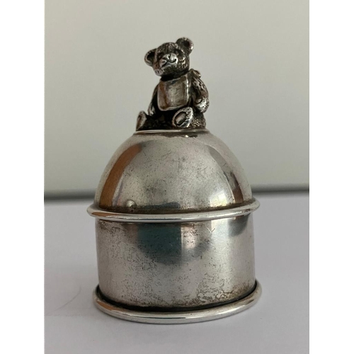 210 - Vintage SILVER PILL BOX in dome form with a teddy bear sitting atop. Clear hallmark to base for Shef... 