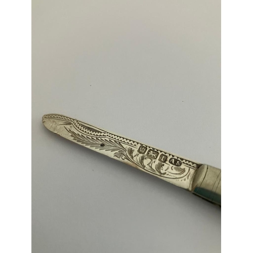 413 - Antique SILVER BLADED FRUIT KNIFE Having mother of pearl handle and beautifully engraved SILVER blad... 