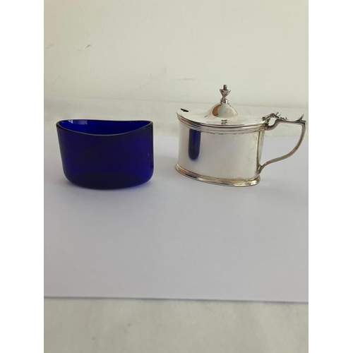 56 - Vintage 1989 SILVER MAPPIN and WEBB MUSTARD POT with blue glass liner in perfect condition. Silver w... 