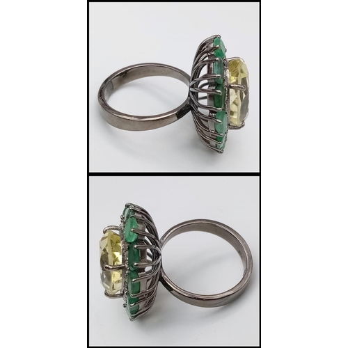 562 - A Citrine with Emerald and Rose-Cut Diamond Halos Ring.  Set in 925 Sterling silver. Citrine - 9.85c... 