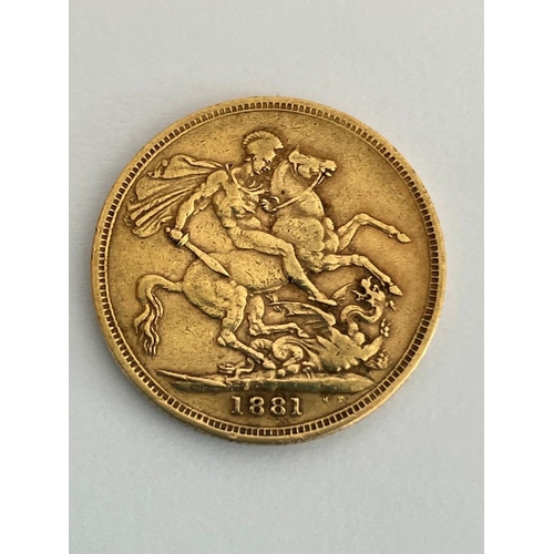 77 - Queen Victoria GOLD SOVEREIGN 1881 Melbourne mint. Very fine condition. Young head.