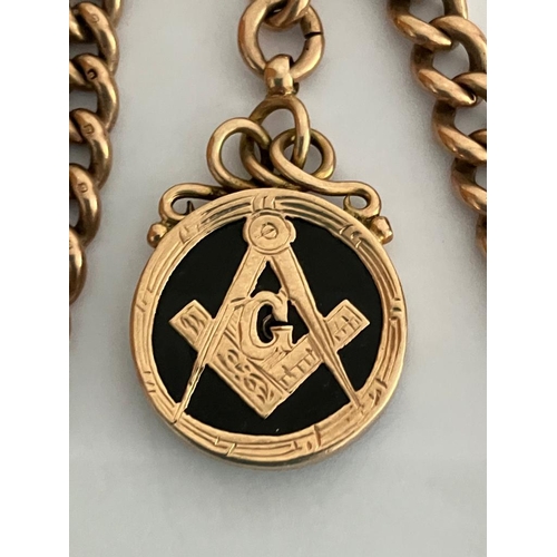 252 - Antique 9 carat ROSE GOLD DOUBLE ALBERT WATCH CHAIN with GOLD MASONIC FOB and T-bar. Every link 9 ct... 