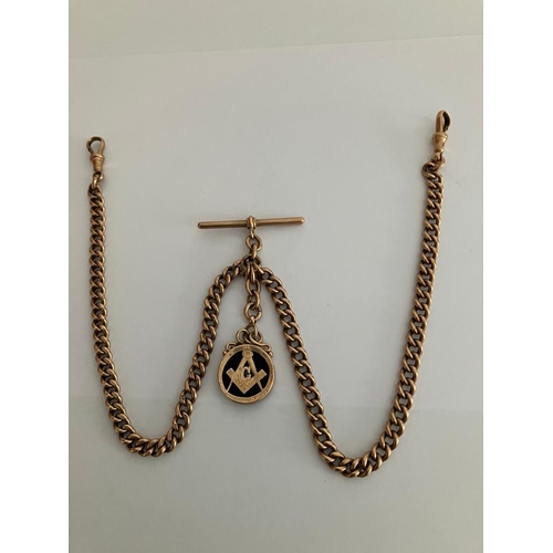 252 - Antique 9 carat ROSE GOLD DOUBLE ALBERT WATCH CHAIN with GOLD MASONIC FOB and T-bar. Every link 9 ct... 