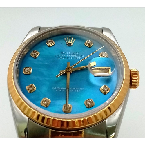 36 - A Rolex Oyster Perpetual Datejust Bi-Metal Gents Watch. Bi-metal bracelet and case - 36mm. Ice-blue ... 