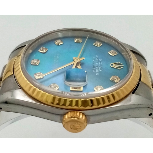 36 - A Rolex Oyster Perpetual Datejust Bi-Metal Gents Watch. Bi-metal bracelet and case - 36mm. Ice-blue ... 