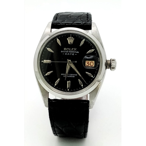 570 - A Rolex Oyster Perpetual Datejust Automatic Gents Watch. Black leather strap. Stainless steel case -... 