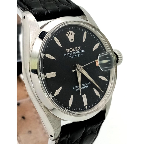 570 - A Rolex Oyster Perpetual Datejust Automatic Gents Watch. Black leather strap. Stainless steel case -... 