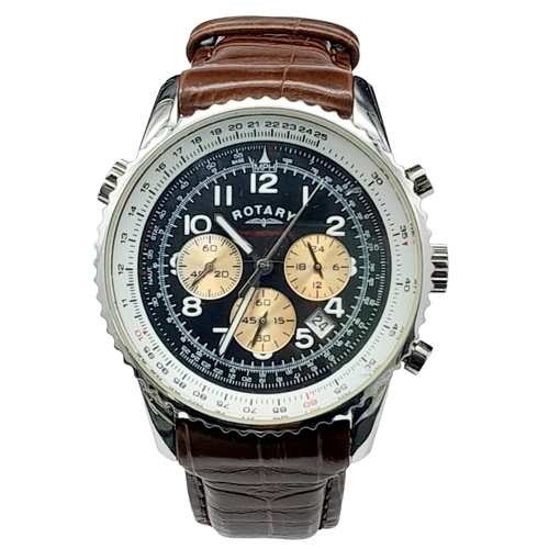 719 - A Men’s Rotary Chronograph Watch on Brown Leather Strap. 45mm Including Crown. New Battery Fitted Oc... 