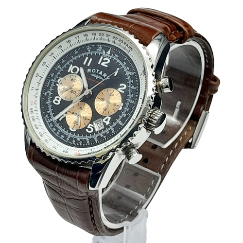 719 - A Men’s Rotary Chronograph Watch on Brown Leather Strap. 45mm Including Crown. New Battery Fitted Oc... 