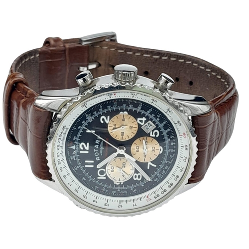 719 - A Men’s Rotary Chronograph Watch on Brown Leather Strap. 45mm Including Crown. New Battery Fitted Oc... 