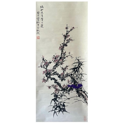 51 - Plum blossom and bamboos - Chinese ink and watercolour on paper scroll. In memory of the noble frien... 