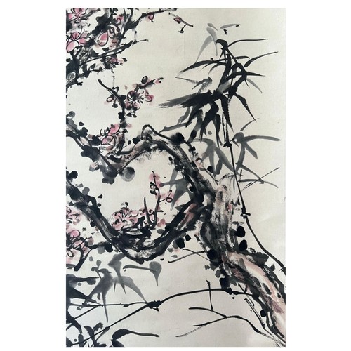 51 - Plum blossom and bamboos - Chinese ink and watercolour on paper scroll. In memory of the noble frien... 