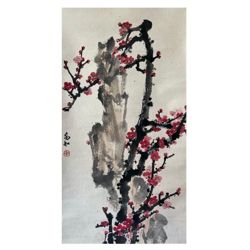 58 - Plum blossom with crimson petals - Chinese ink and watercolour on paper scroll. Attributed to Jiang
... 