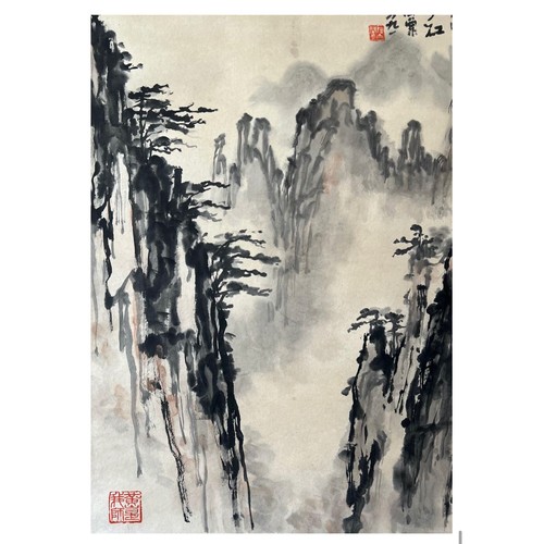 143 - Sharp edges of the Yellow Mountain - Chinese ink and watercolour on paper scroll. Attribute to Liu H... 