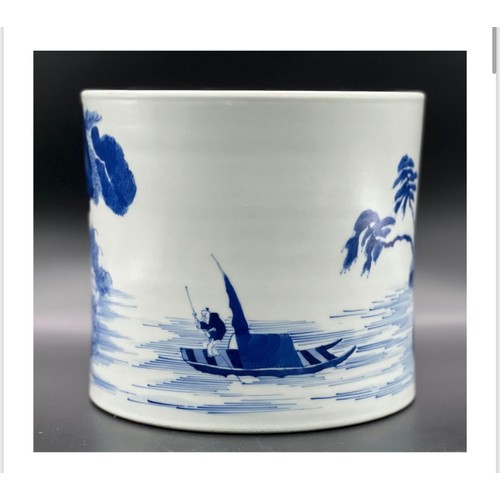 276 - A blue and white brush pot with landscape and figures; Kangxi; Qing Dynasty. Diameter of Top 20cm, D... 