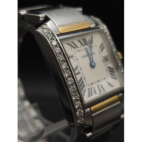 24 - Cartier 'Tank' Quartz Movement Ladies Watch.
Set with 30 diamonds on a 34mm face with a stainless st... 