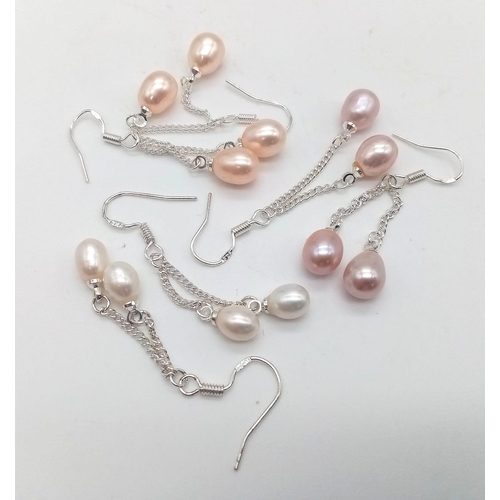 671 - Three Pairs of Freshwater Pearl and 925 Silver Drop Earrings. White, lavender and peach shades. Drop... 