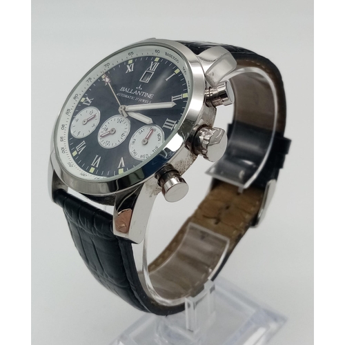 712 - An Excellent Condition Ballantine Men’s Automatic 22 Jewel Chronograph Watch. Black Leather Strap. 4... 