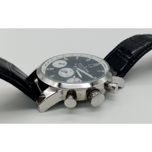 712 - An Excellent Condition Ballantine Men’s Automatic 22 Jewel Chronograph Watch. Black Leather Strap. 4... 