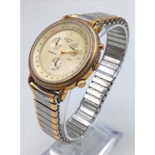 733 - A Rare Men’s Vintage Bi-Metal Rotary Alarm Chronograph. 38mm Including Crown. Flex Bracelet. New Bat... 