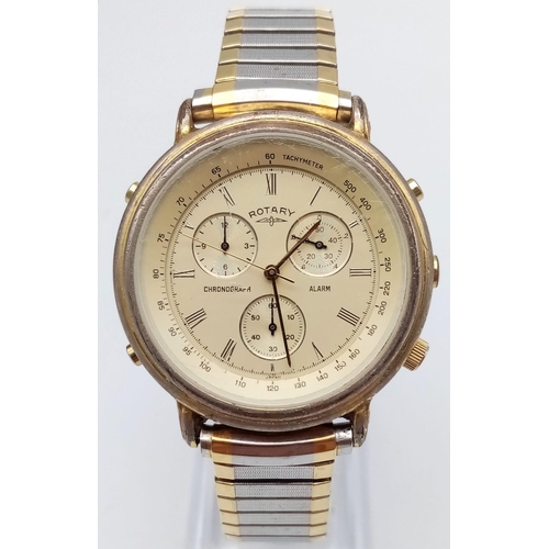 733 - A Rare Men’s Vintage Bi-Metal Rotary Alarm Chronograph. 38mm Including Crown. Flex Bracelet. New Bat... 