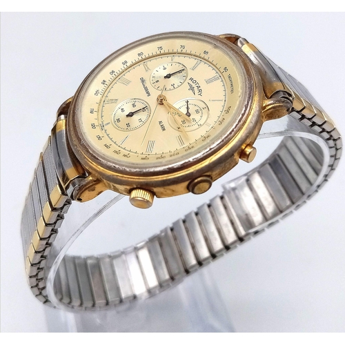 733 - A Rare Men’s Vintage Bi-Metal Rotary Alarm Chronograph. 38mm Including Crown. Flex Bracelet. New Bat... 