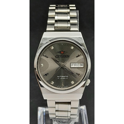 754 - A Stainless-Steel Citizen Automatic, 21 Jewels, Day Date Watch. 32mm Including Crown. Good Working O... 