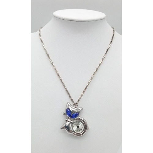 914 - An Unworn Ladies Cat Design Silver Tone Watch Pendant Necklace by Klox, Japan. 60cm Chain. Pendant M... 