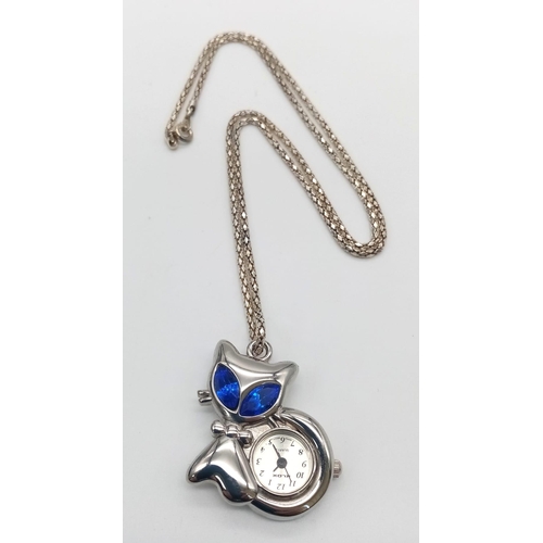 914 - An Unworn Ladies Cat Design Silver Tone Watch Pendant Necklace by Klox, Japan. 60cm Chain. Pendant M... 